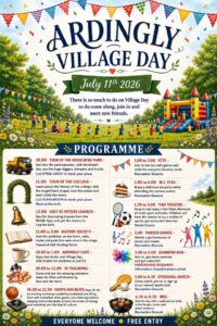 A poster advertising Ardingly Village Day and the schedule of events that will take place on the day.