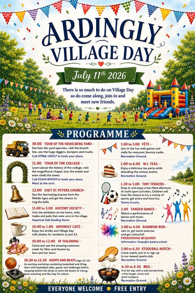 A poster advertising Ardingly Village Day and the schedule of events that will take place on the day.